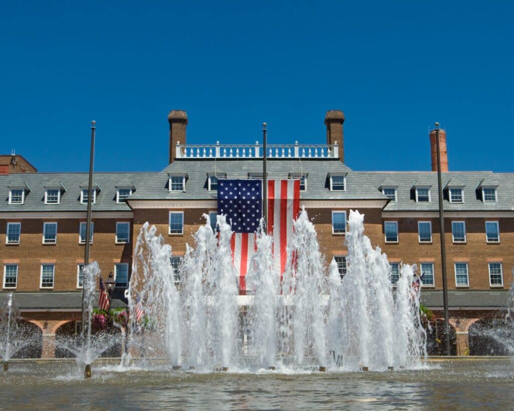 a large building with a flag on top of it