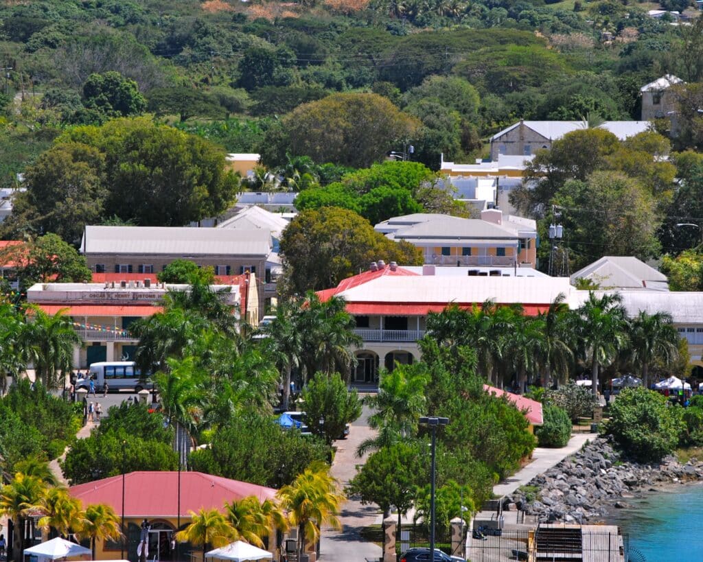 an aerial view of a town with palm trees