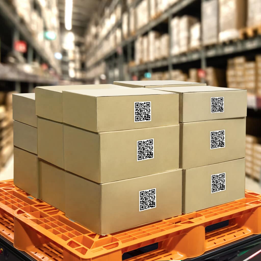 boxes are stacked on top of each other in a warehouse