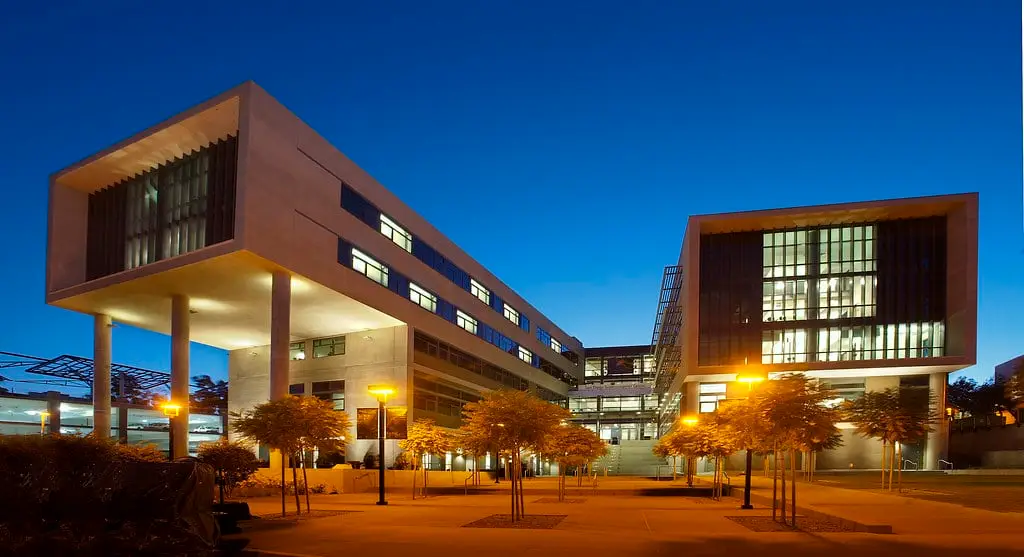 a building that is lit up at night