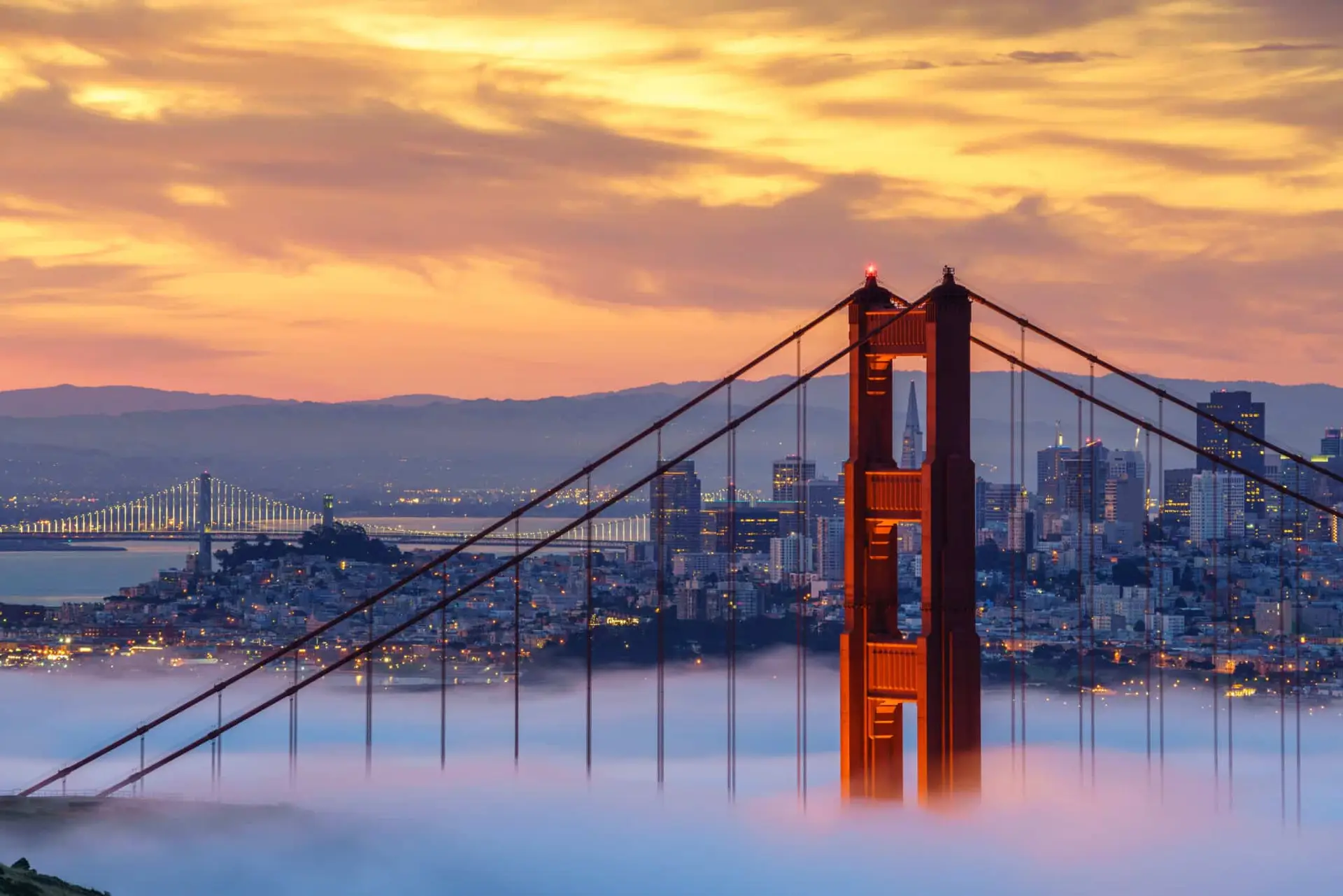 the golden gate bridge is surrounded by fog